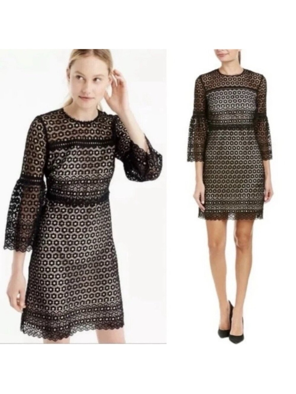 J Crew Bell Sleeve Daisy Dress Black Overlay Nude Lining Size 12